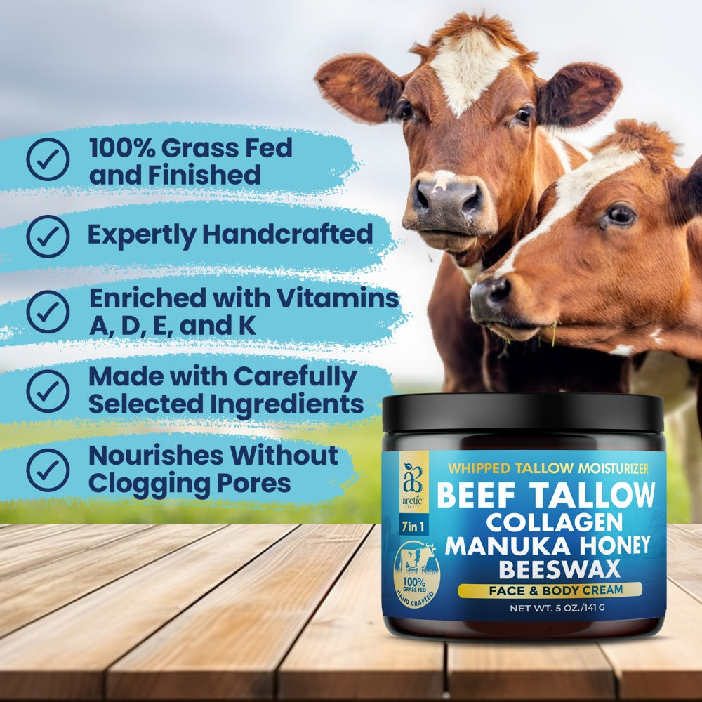 Whipped Beef Tallow Moisturizer – Organic Grass-Fed Face & Body Cream with Manuka Honey, Jojoba Oil, Collagen & Aloe Vera — i