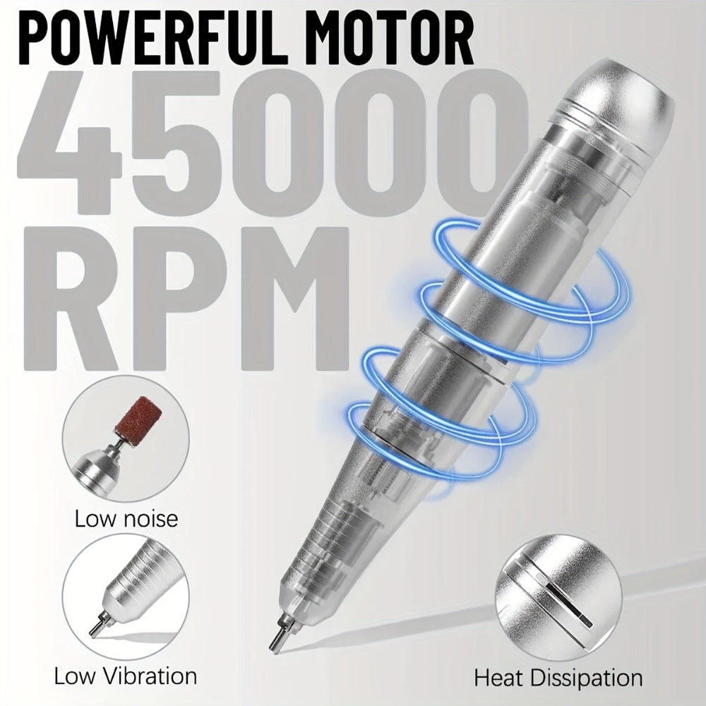 Low Noise Nail Drill Machine 45000RPM Rechargeable with LCD Display – Quiet Electric E-File for Gel Polish Acrylic Natural Na