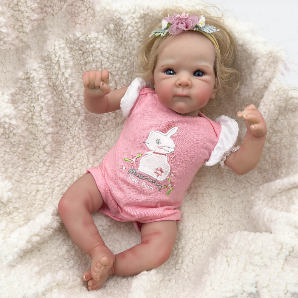 Reborn Baby Doll 16-Inch Cloth Body with Rooted Blonde Hair, Open Eyes, Pink Romper and Pacifier Set — image 15