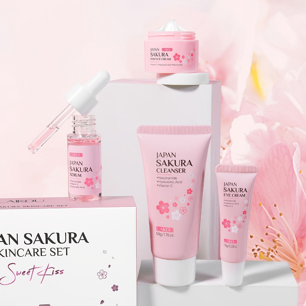4-Piece Sakura Skincare Gift Set with Cleanser, Serum, Essence Cream and Eye Cream in Coordinated Pink Packaging — image 10