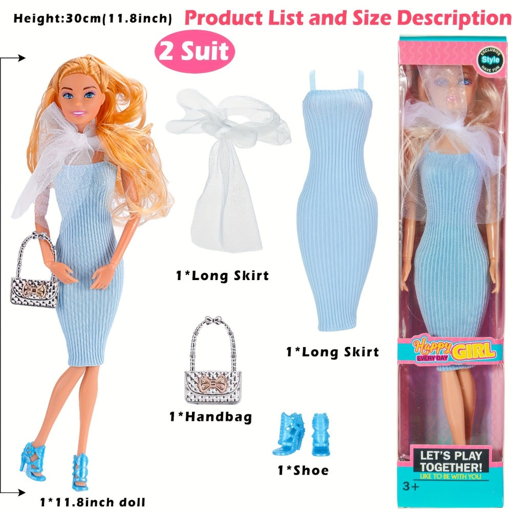 Six-Piece 11.5-Inch Fashion Doll Set with Mixed Outfits, Handbags, Hats, Necklaces and Suitcase Accessories — image 7