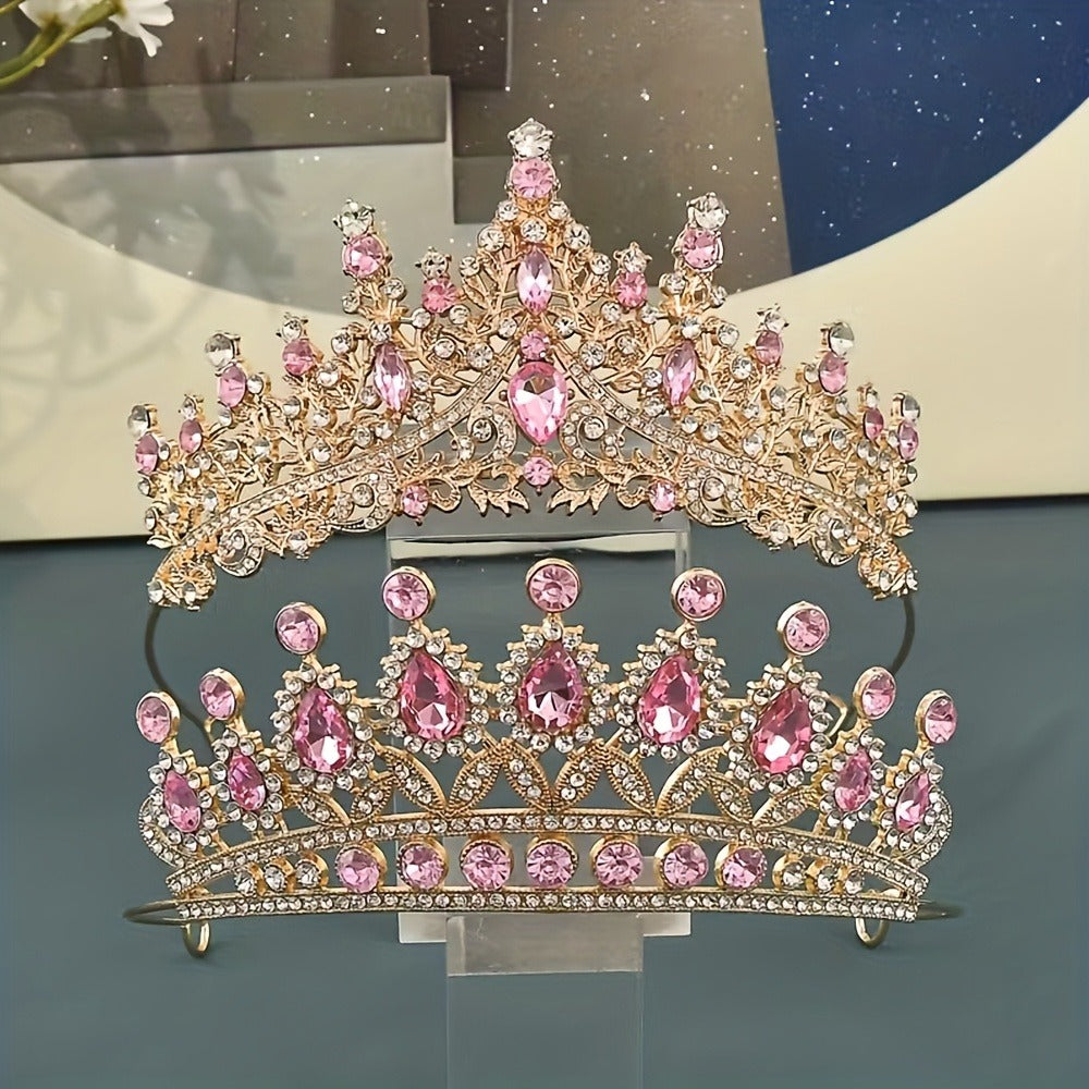 Pink Crystal-Look Crown and Tiara Two-Piece Costume Headwear Set with Hair Combs for Dress-Up — image 2