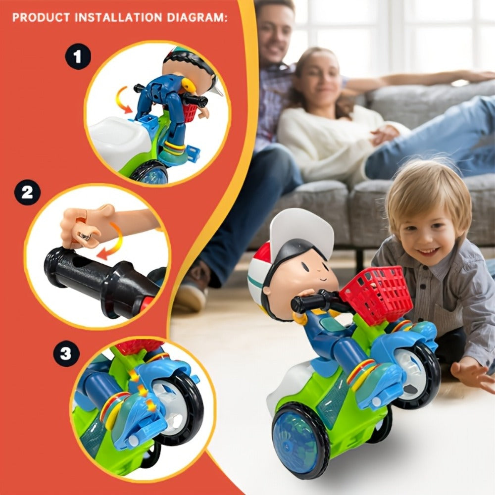 Kids Electric Tricycle Toy Motorcycle with 360° Rotation & Luminous Lights, Push & Power Dual-Mode Stunt Vehicle for Toddlers