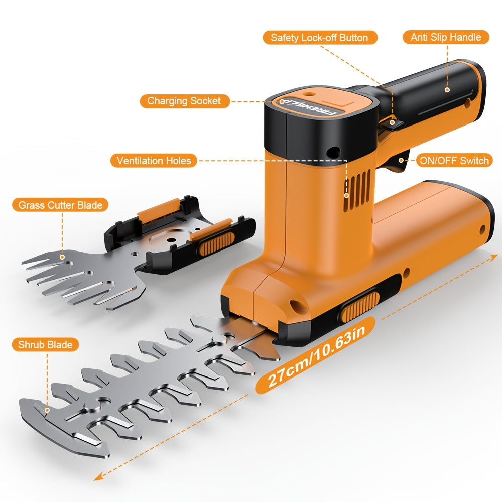 Electric Hedge Trimmer 2-in-1 Cordless with Rechargeable Lithium Battery, Brushless Motor Pruning Shears & Grass Shrub Cutter