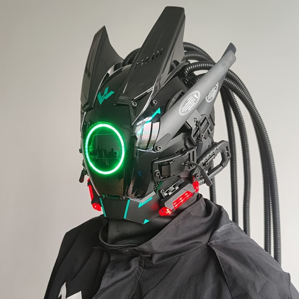 LED Braided Cyberpunk Costume Helmet with Circular Face Light and Blue, Green or Pink Accent Styles — image 32