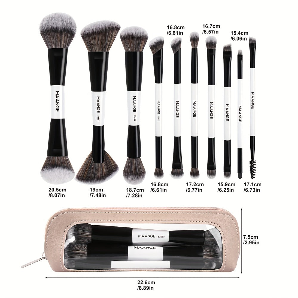 Makeup Brush Set, 10-Piece Double-Ended Nylon Bristle Collection with Cosmetic Bag and Three Color Options — image 4