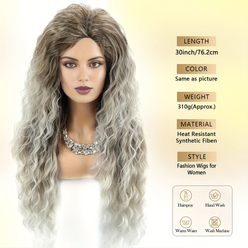 Synthetic Wig 30-Inch Long Curly Waves with Dark Roots, Middle Part and Three Ombre Colors — image 3