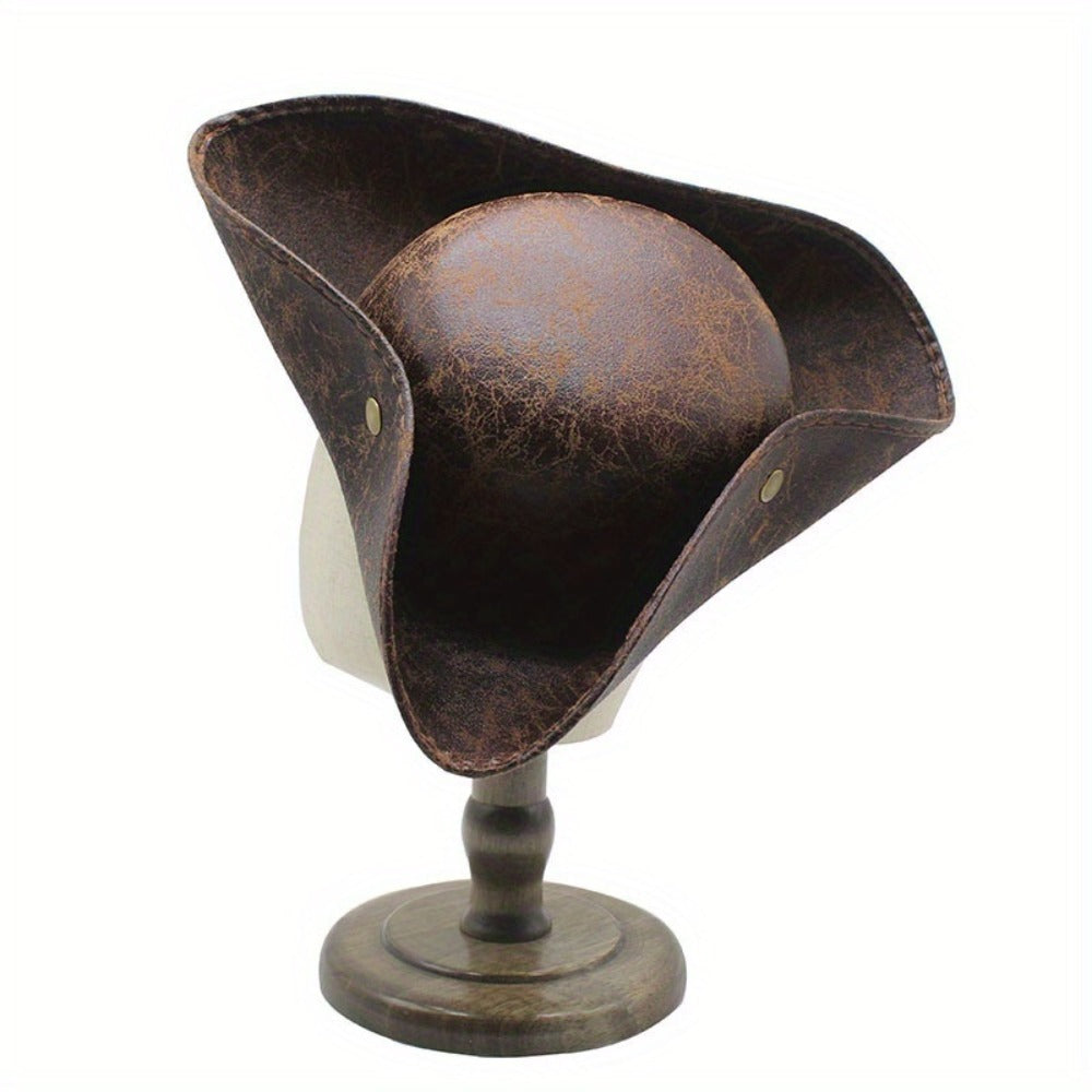 Pirate Tricorn Hat Faux Leather Wide Brim – Vintage Distressed Pirate Hat for Men Women, Halloween Costume, Cosplay — image 2