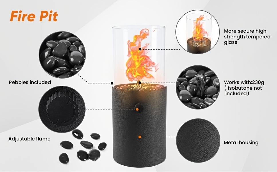 Fire Bowl Tabletop Fire Pit Indoor Outdoor Butane Fuel Mini Portable Fireplace with Glass Wind Guard for Garden, Patio and Ya