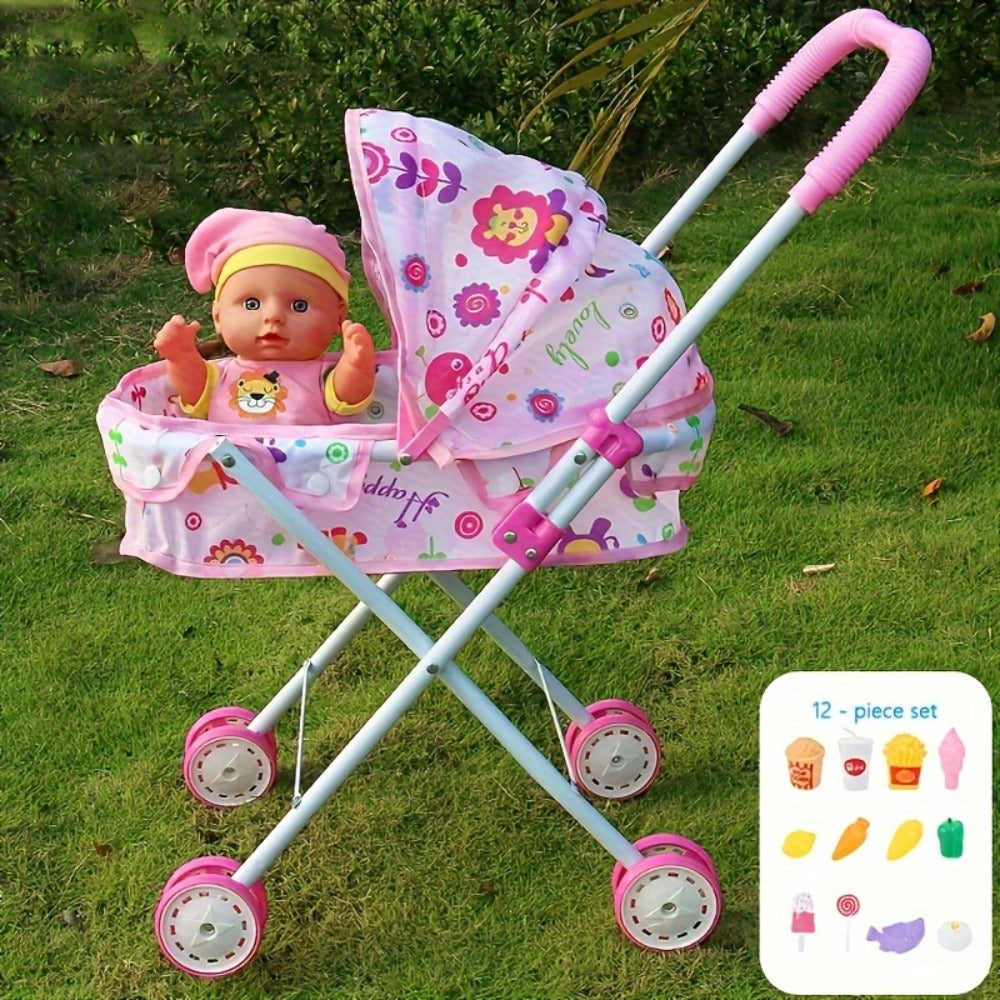 11-Inch Baby Doll and Folding Stroller Playset with 12 Food Accessories in Pink or Purple Color Options — image 3