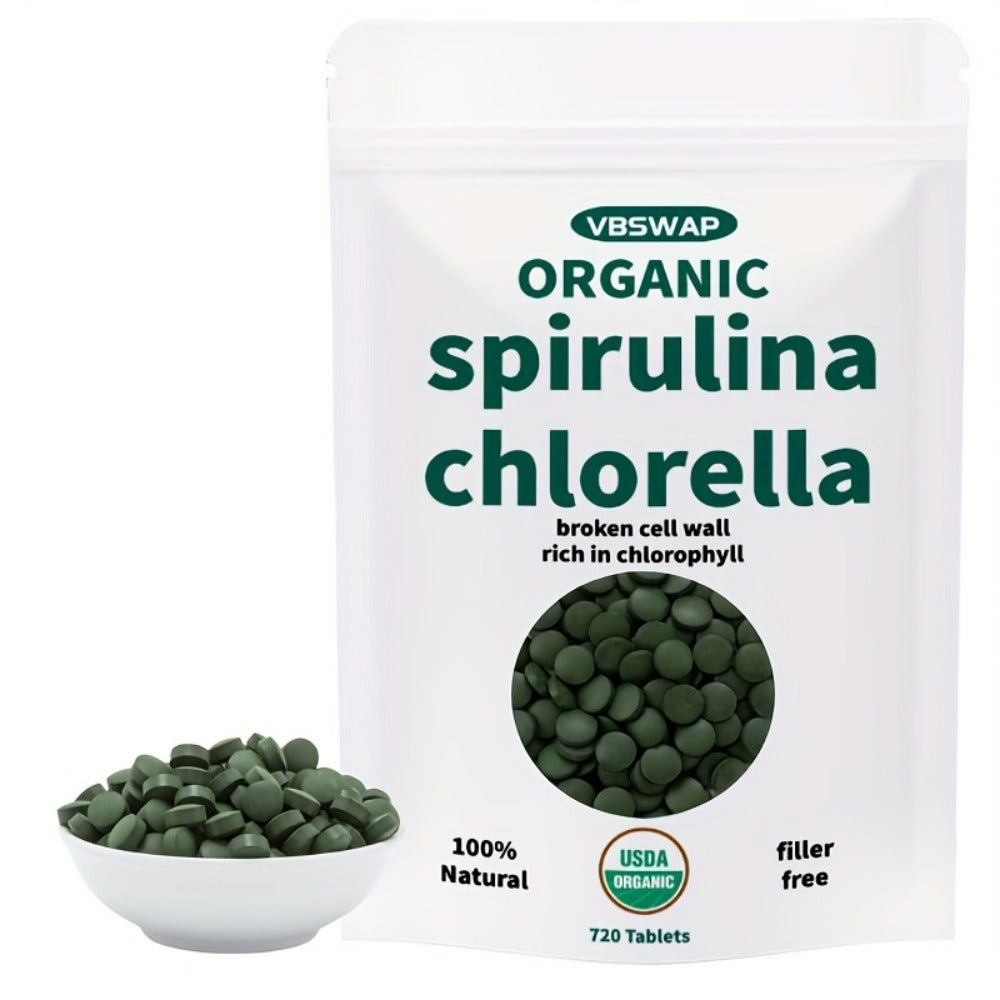 Organic Chlorella & Spirulina Tablets 720 Count, 4 Month Supply, 50/50 Superfood Blend, Cracked Cell Wall — image 1