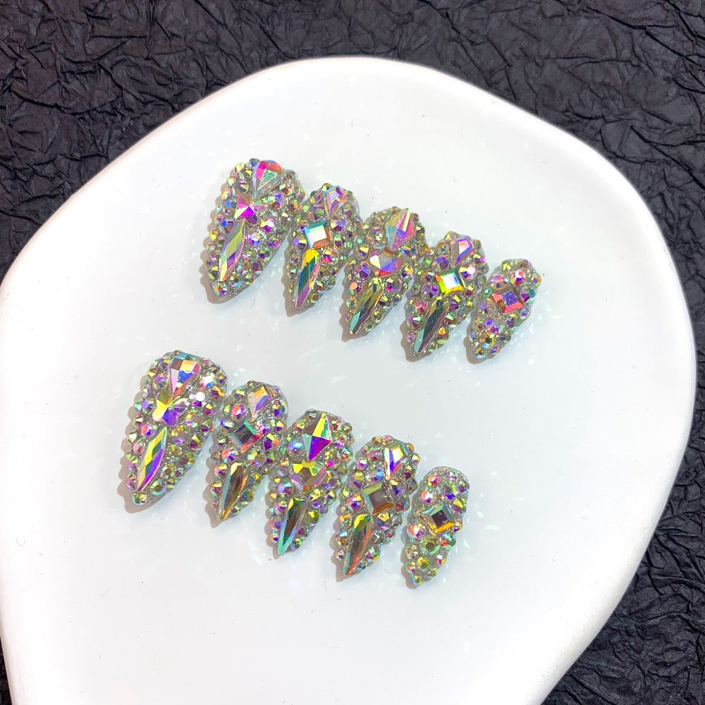 Press On Nails 10-Piece Medium Almond Glitter Color-Block Set with AB Crystal Rhinestones and Tool Kit — image 7
