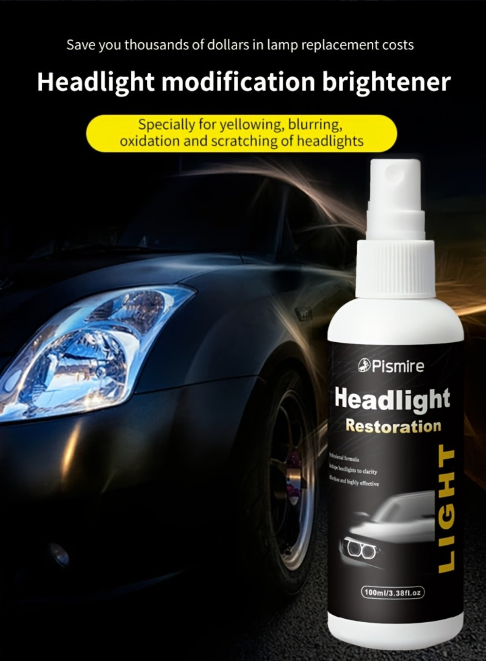 Headlight Restoration Kit Ceramic Coating Spray 100ml No Sanding No Polishing Required Quick Restore Yellowed Foggy Car Headl