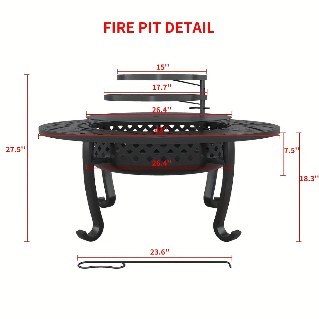 43-Inch Round Fire Pit Table with Two Cooking Grates, Center Lid, Perforated Bowl and Long Poker — image 4