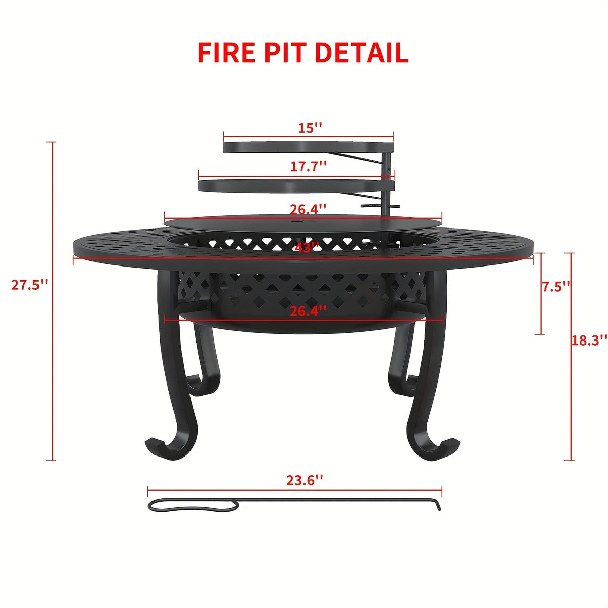 43-Inch Round Fire Pit Table with Two Cooking Grates, Center Lid, Perforated Bowl and Long Poker — image 4