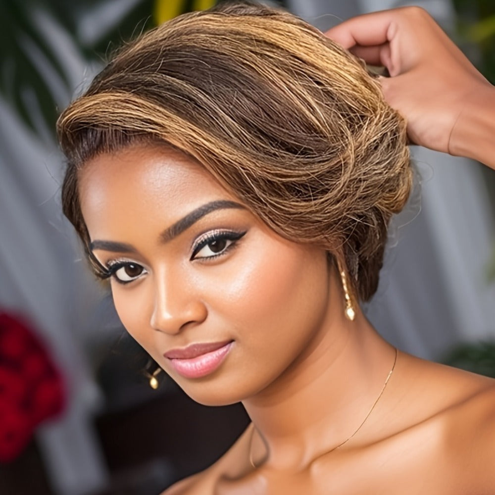 Lace Front Wig Human Hair Body Wave Bob with 4x1 Lace, 6in Length and Three Brown Highlight Colors — image 2