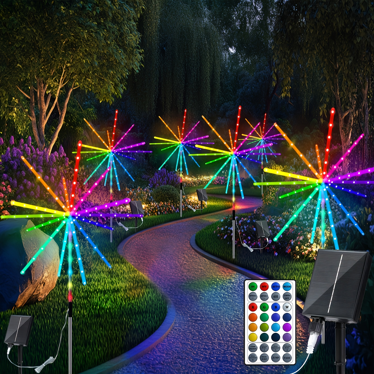 Solar Outdoor Lights 4-Pack 336-LED 3D Meteor Stakes with Remote, Multicolor Output and IP65 Rating — image 4