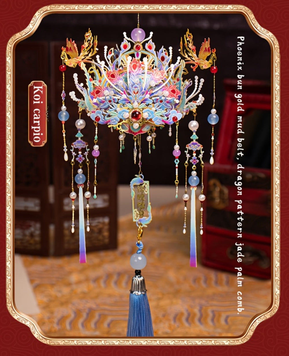 3D Metal Puzzle Phoenix Crown Qingluan – Blue & Gold DIY Assembly with Beads & Tassels, Chinese Mythology Art Collectible — i
