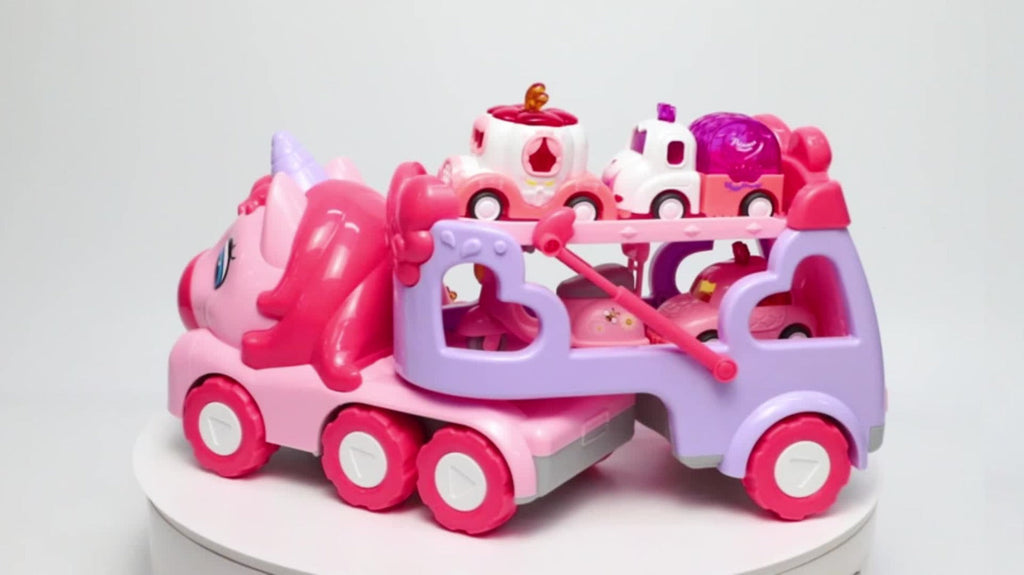 Pink Carrier Truck Toy with 4 Mini Cars, Music & Lights, Battery Powered Pull-Back Transport Vehicle for Girls Boys Ages 3+ —