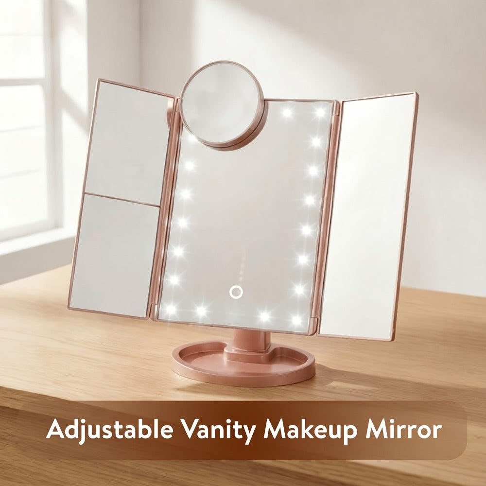 Vanity Mirror with Lights Tri-Fold 21 LED Lighted Makeup Mirror Touch Control 1X 2X 3X 10X Magnification 360 Rotation Dual Po
