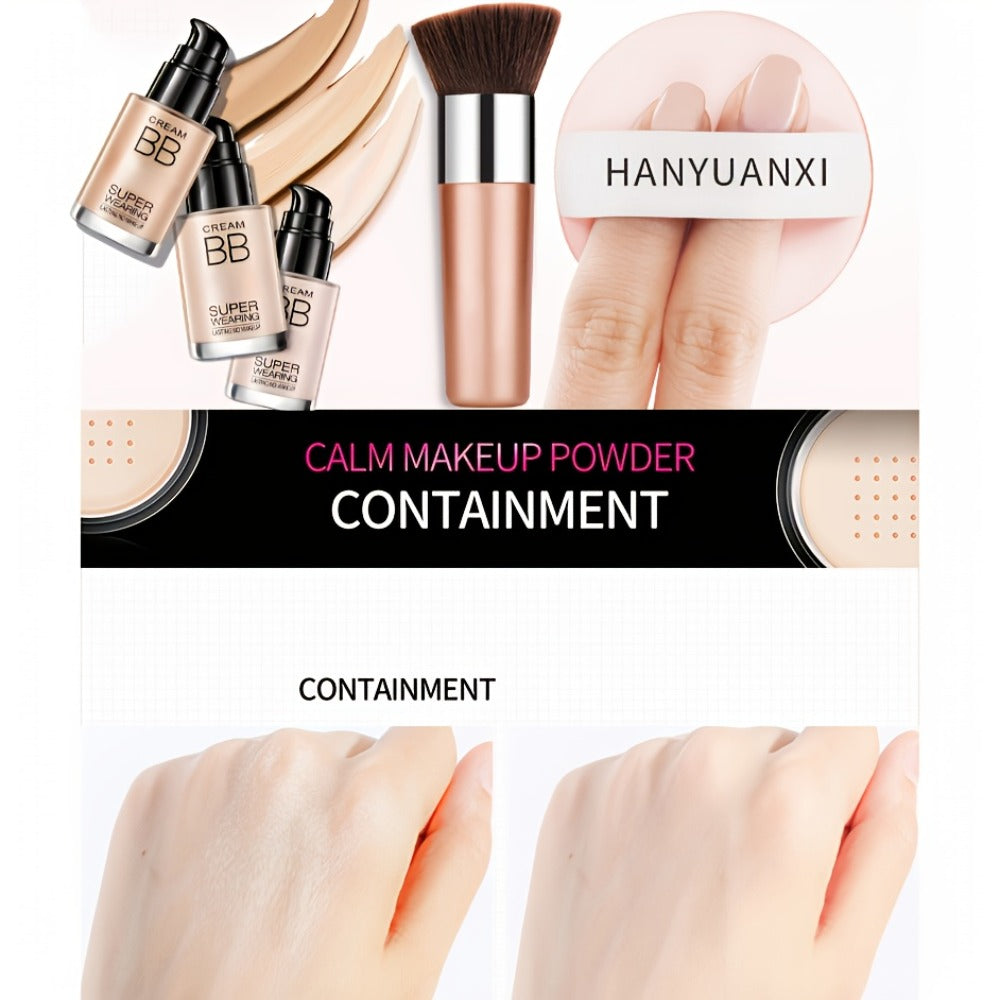 BB Cream Makeup Kit with Loose Setting Powder Brush & Sponge – Full Coverage Waterproof Long-Lasting Hydrating Foundation Set