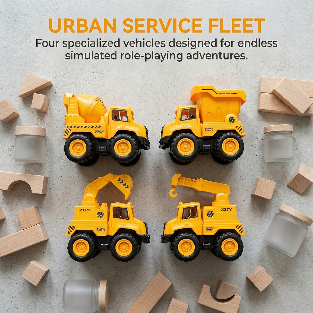 4-Piece Construction Truck Set for Kids, Excavator Dump Truck Crane Cement Mixer Sandbox STEM Engineering Vehicle Playset — i