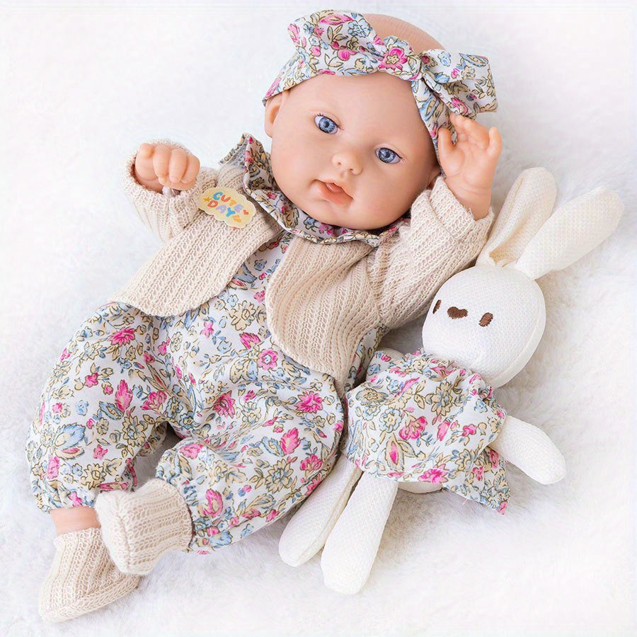 Floral Dress Baby Doll 12 Inch with Rabbit Plush Toy Gift Set, Realistic Vinyl Doll with Floral Outfit — image 1
