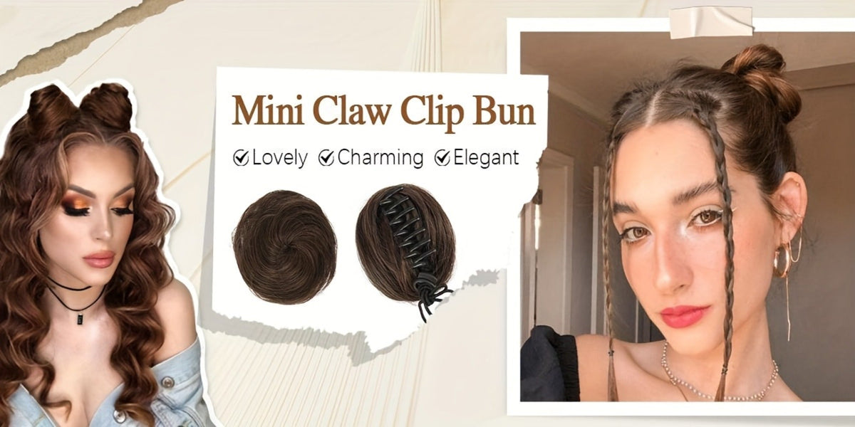 Mini Donut Bun Hairpiece with Cat Ears Claw Clip Messy Bun Synthetic Fiber Instant Updo – 2 Pcs Set for Women Girls All Hair 