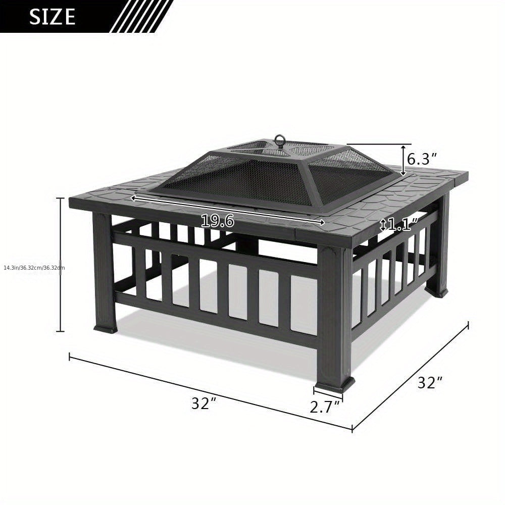 Square Fire Pit Table 32 Inch Metal Wood Burning Outdoor Fire Pit with Mesh Lid, Poker & Tabletop for Backyard Patio Garden G