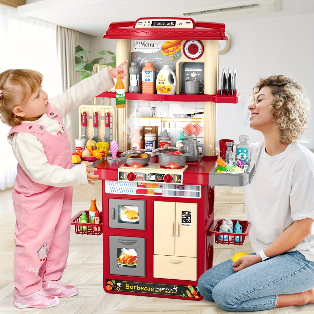 Play Kitchen Set with Lights Sounds & Spray, Toy Kitchen Playset with Oven Sink Fridge & Play Food for Kids Ages 3 4 5 6 7 8 