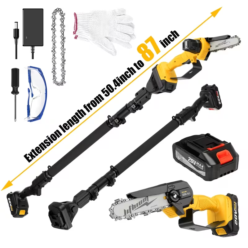 Electric Pole Saw 2-in-1 Cordless with 8" & 6" Chain, 20V 4.0Ah Battery, Adjustable Extendable Tree Pruner for Wood Cutting —