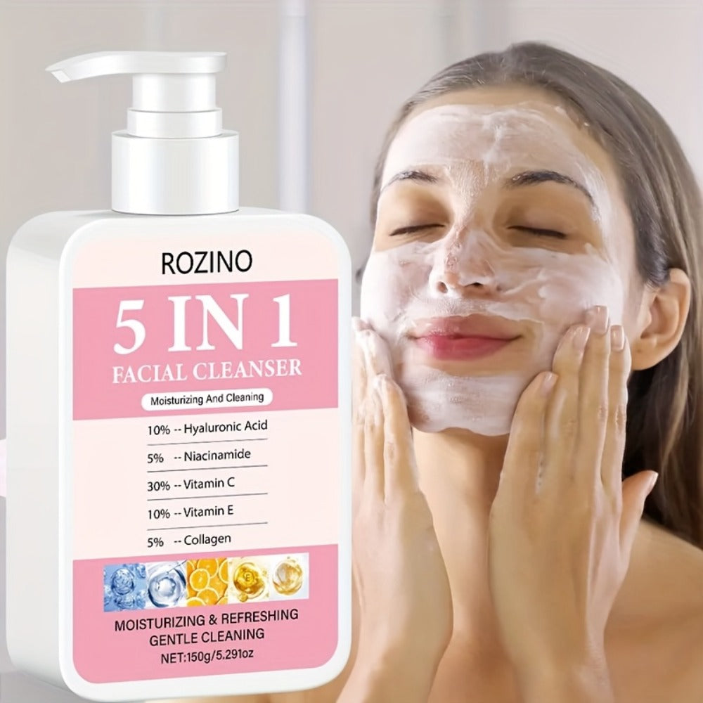 Brightening Face Wash 5-in-1 with Hyaluronic Acid Niacinamide Vitamin C Vitamin E & Collagen – Rich Foam Deep Cleansing Moist