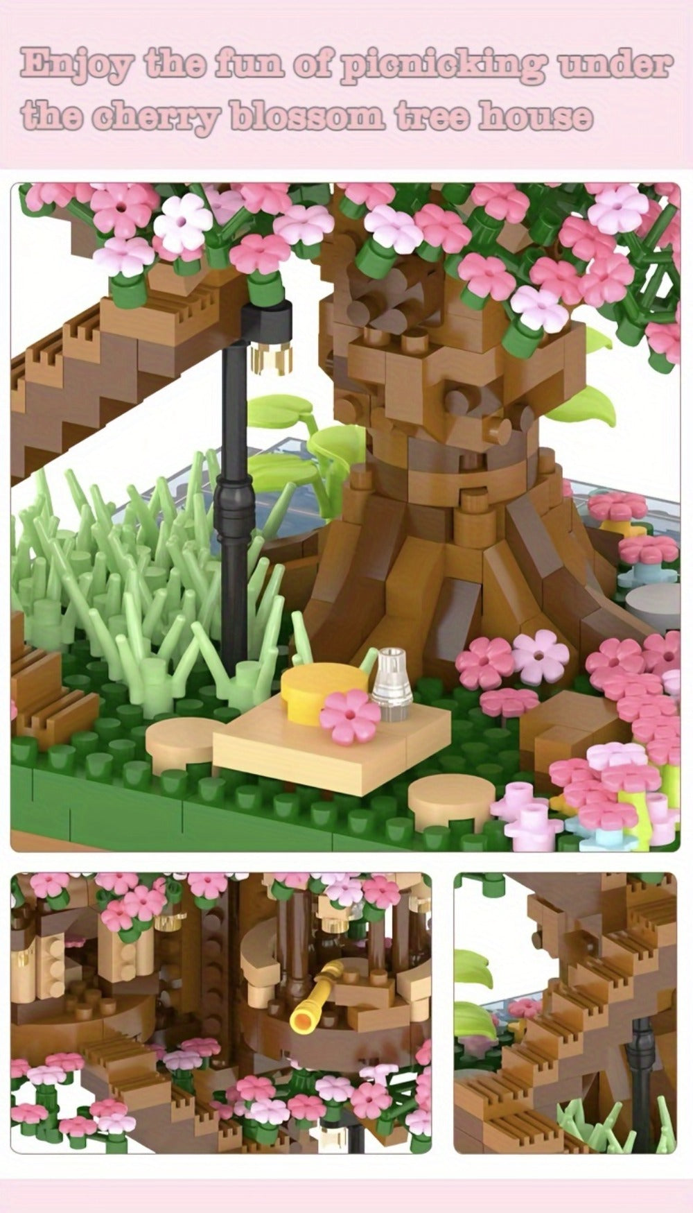 Building Block Set Cherry Blossom Tree House, 1020 or 2028 Micro Pieces with Pink Canopy and Base Display — image 15