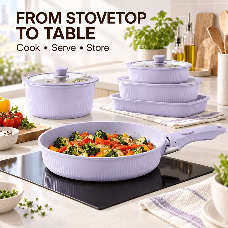 24-Piece Nonstick Cookware Set with Detachable Handles