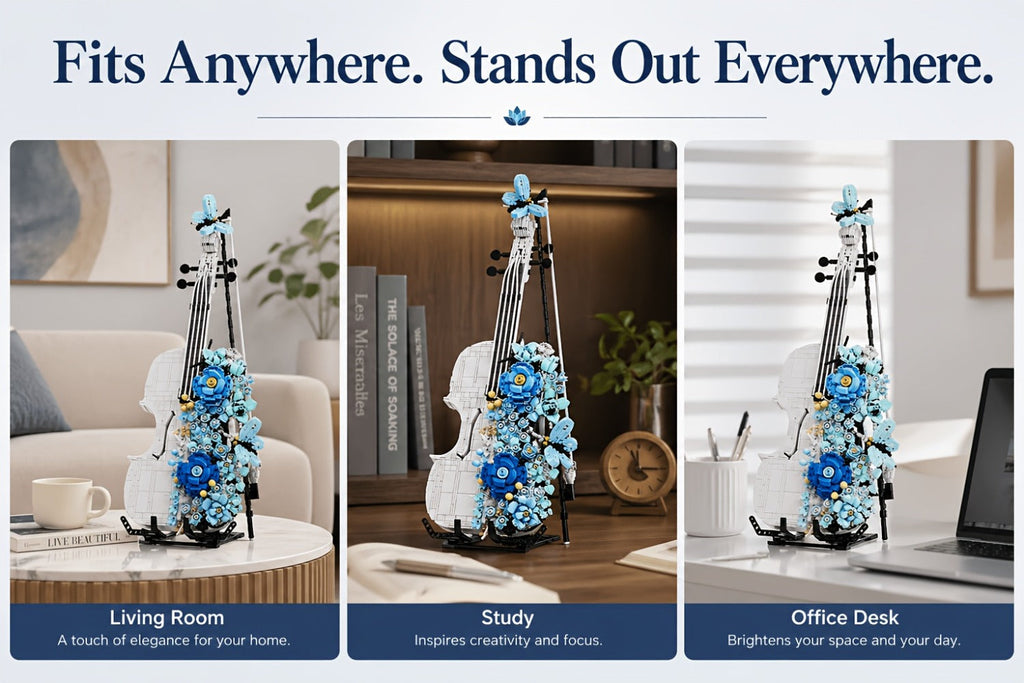1419-Piece Flower Violin Building Block Model with Brick-Built Stand, Blue Blooms and Panel Detail — image 18