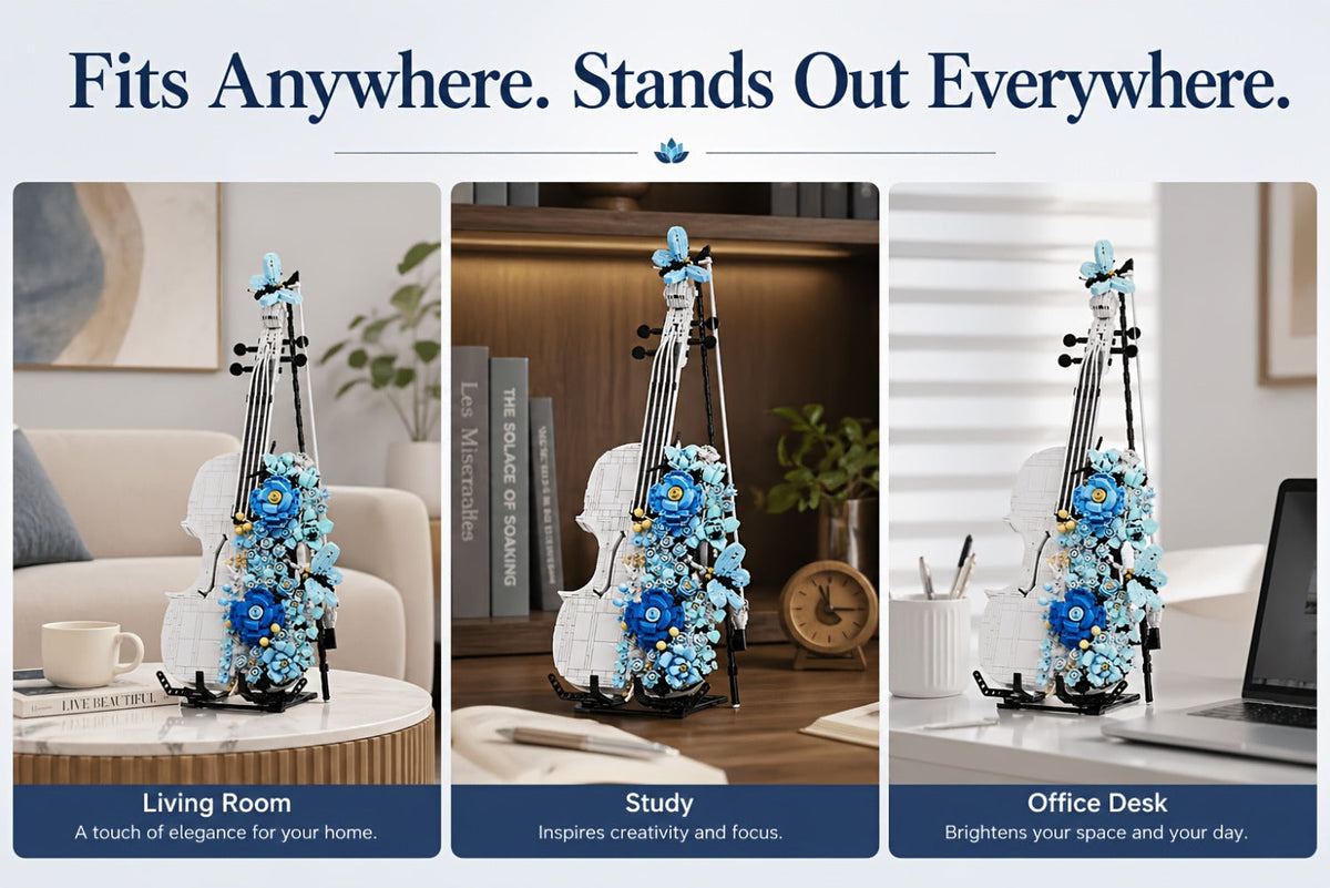 1419-Piece Flower Violin Building Block Model with Brick-Built Stand, Blue Blooms and Panel Detail — image 18