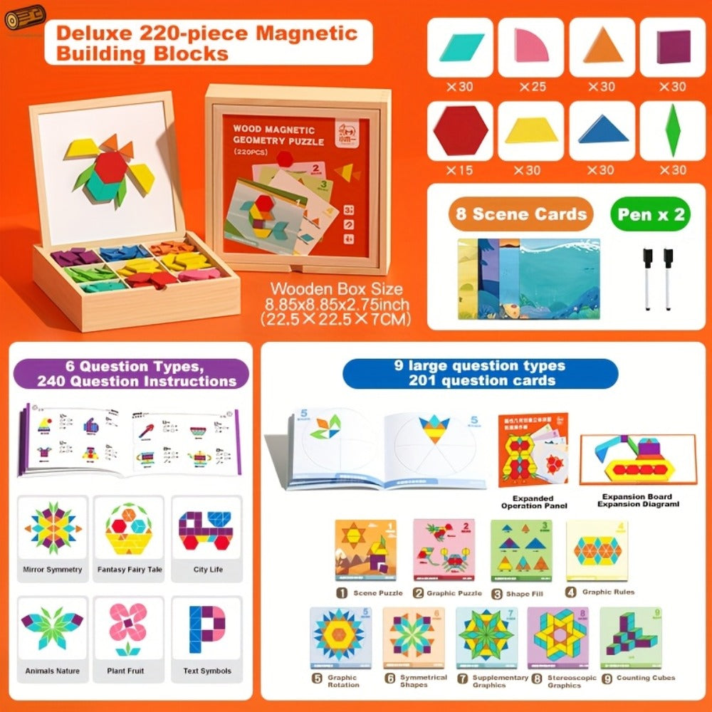 Magnetic Wooden Puzzle Blocks 128 180 220 Piece Set, Geometric Figures Cognitive Learning STEM Toy for Kids — image 7