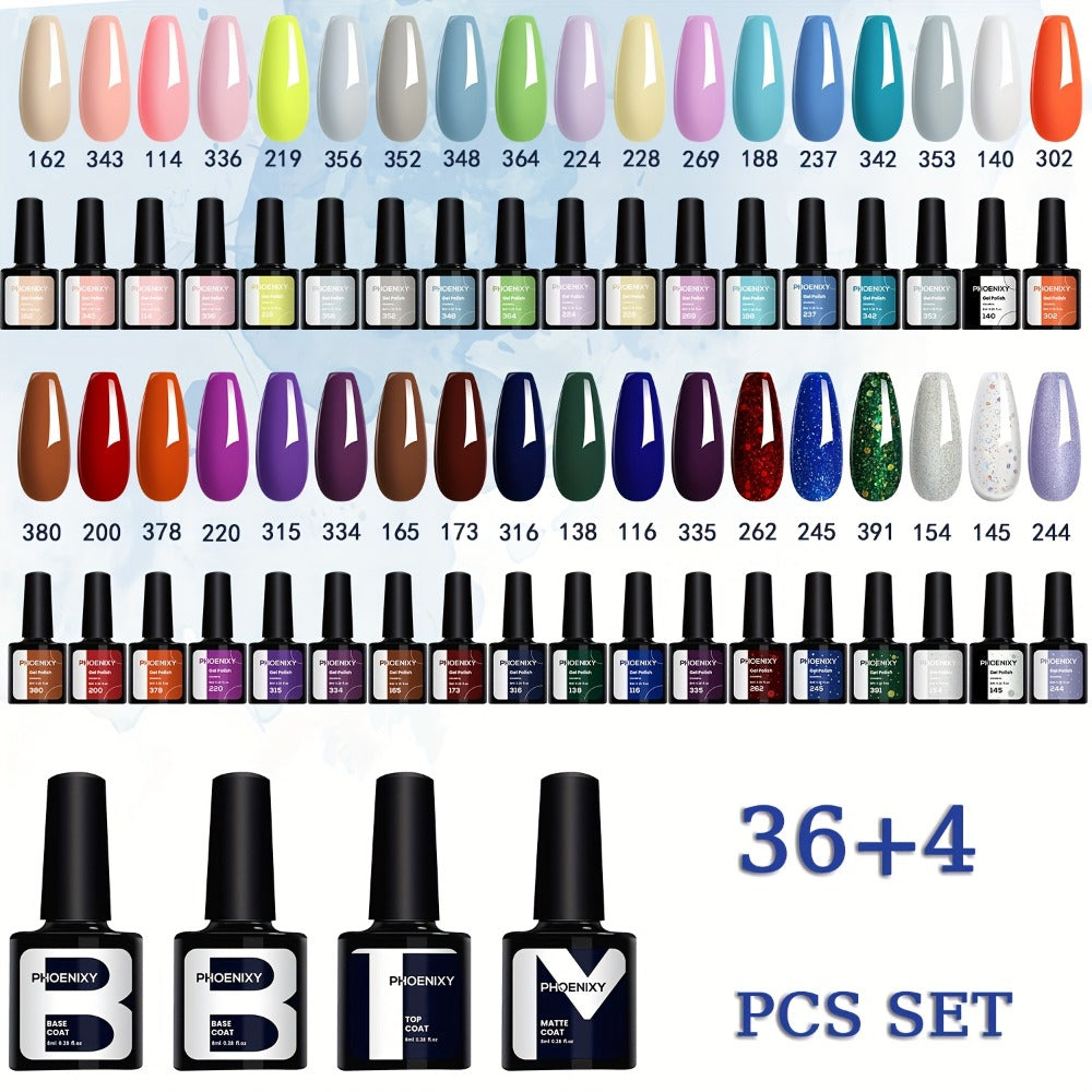 Gel Nail Polish 40-Piece Kit with 36 Colors, Base Coat, Glossy and Matte Top Coats, Glitter Shades and UV Cure — image 3