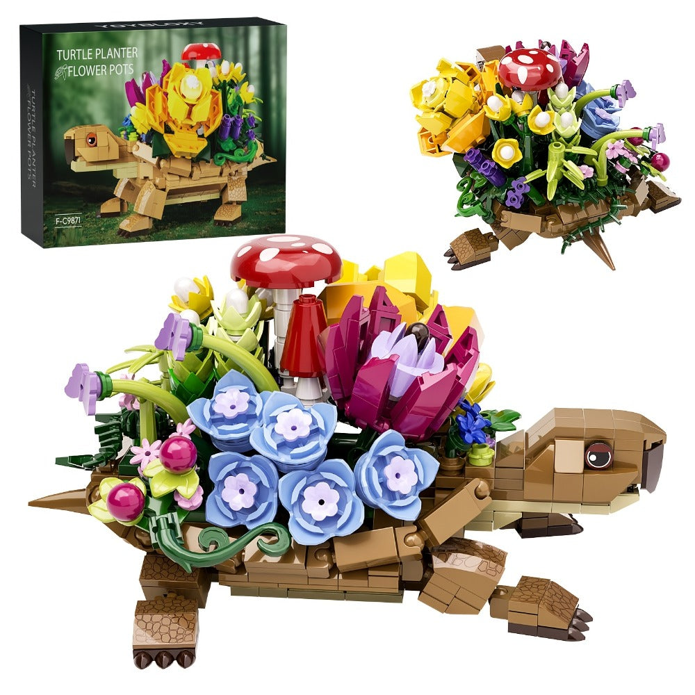 Turtle Flower Planter Building Block Set 510 Pieces – Cute Turtle Brick Puzzle Decor Toy, Unique Handmade Display Gift for Ki
