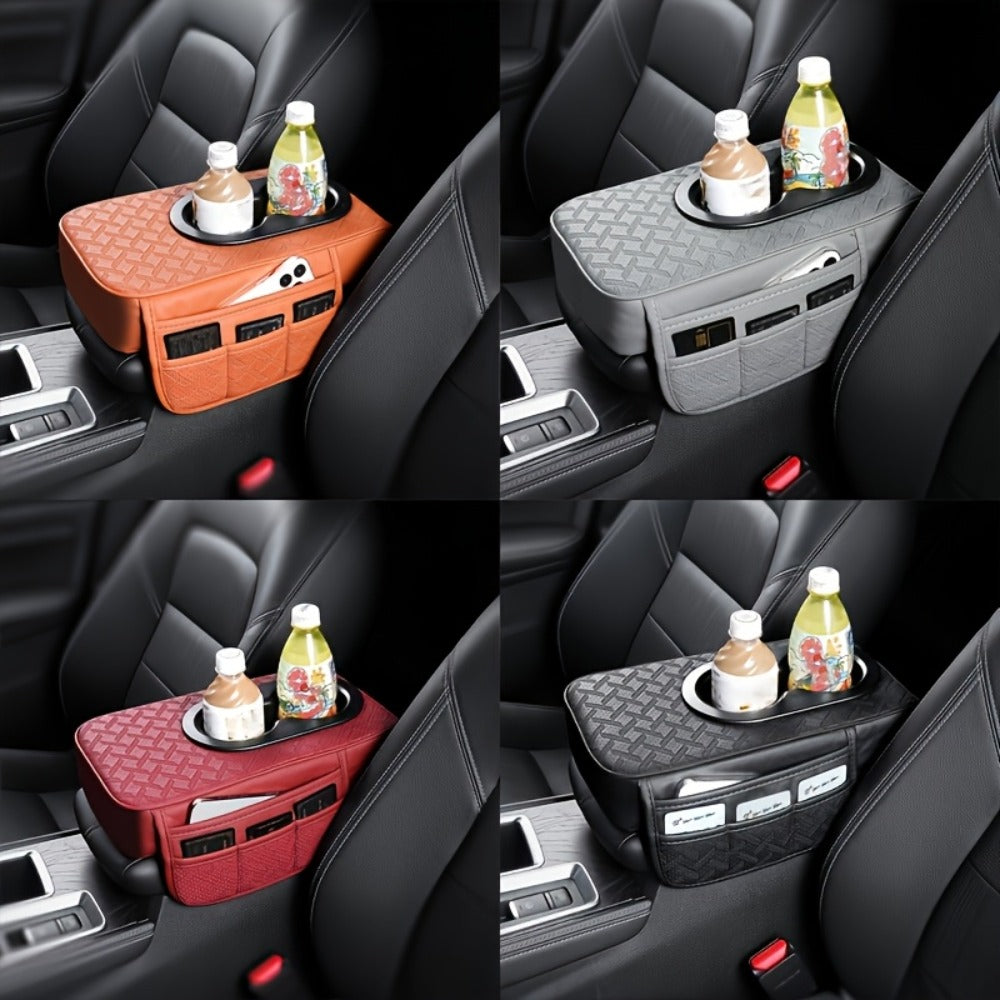 Car Center Console Cover PU Leather – Universal Armrest Box Mat with 2 Cup Holders & 2 Side Pockets, Phone & Card Storage — i