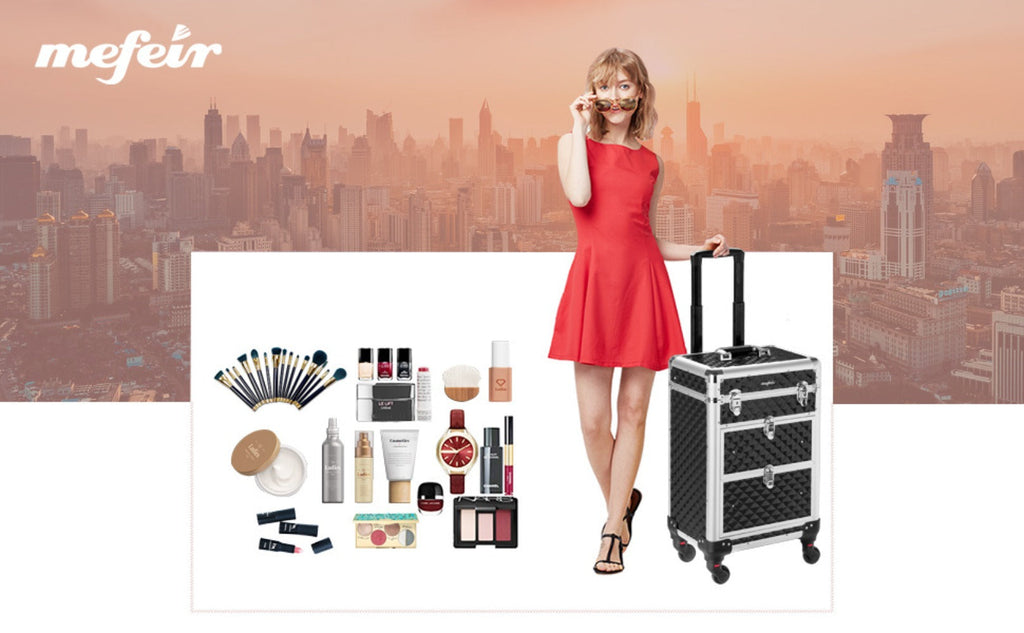 Black Rolling Makeup Train Case with Four Wheels, Telescoping Handle, Three Top Trays and Two Drawers — image 10