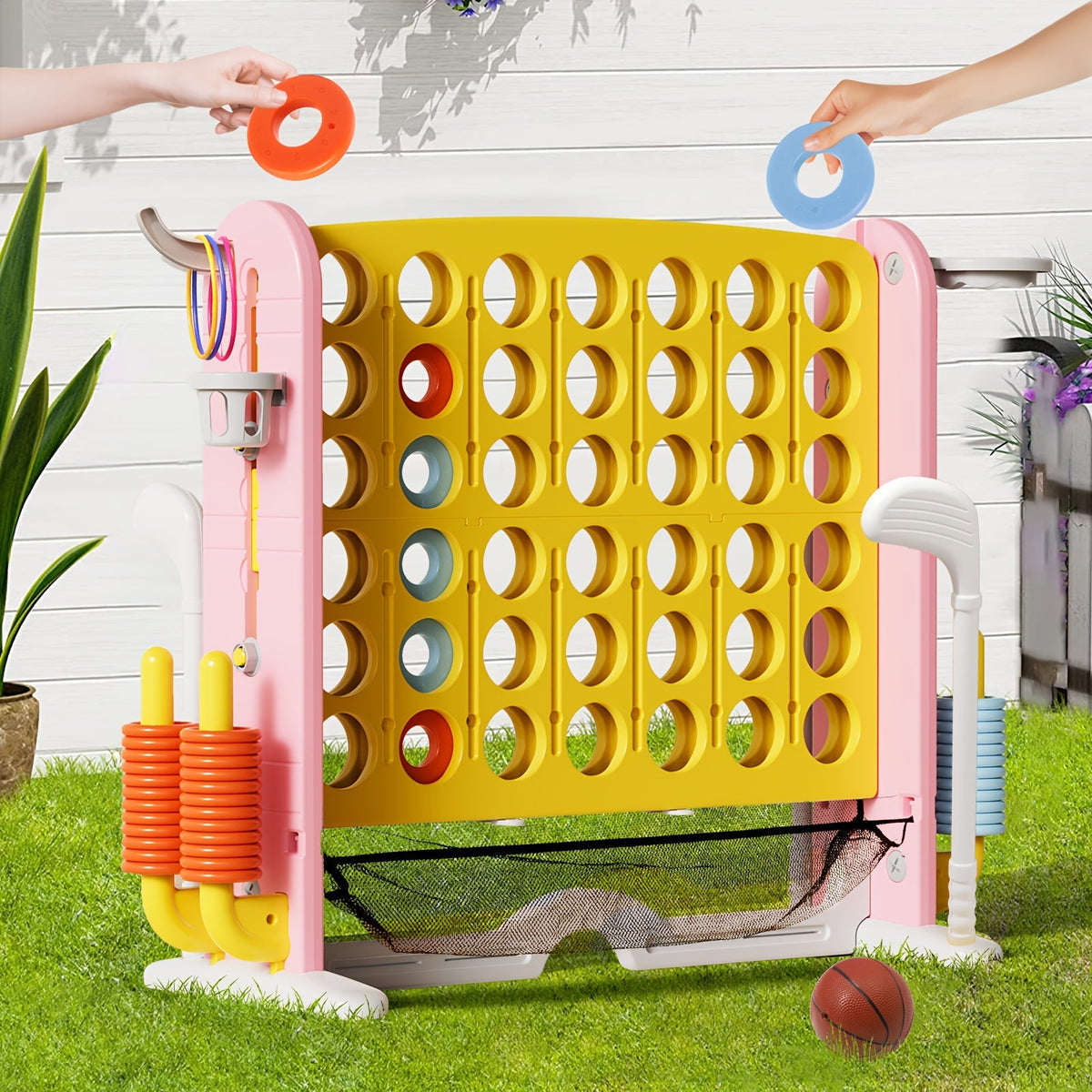 4-in-1 Giant Connect Four Game Set for Kids & Adults, Adjustable Height with Basketball Hoop, Golf Putting — image 1