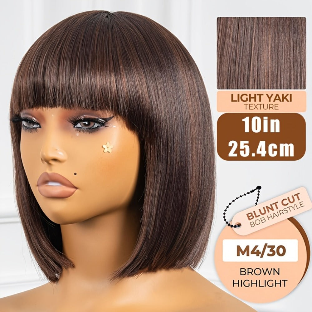 Yaki Straight Bob Wig with Bangs 10 Inch Brown Highlight M4/30 Blunt Cut Heat Resistant Synthetic Short Natural Looking Bob f