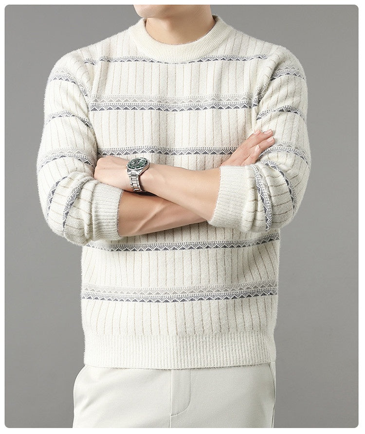Mens Knitted Fleece-lined Thick Crew-neck Faux Mink Sweater