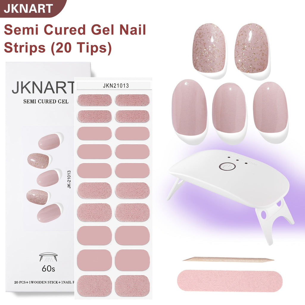 Gel Nail Art Kit Semi-Cured Nail Stickers 20 Designs with Portable UV Lamp Full Coverage Soft Gel Nail Patches Nude Nail Wrap