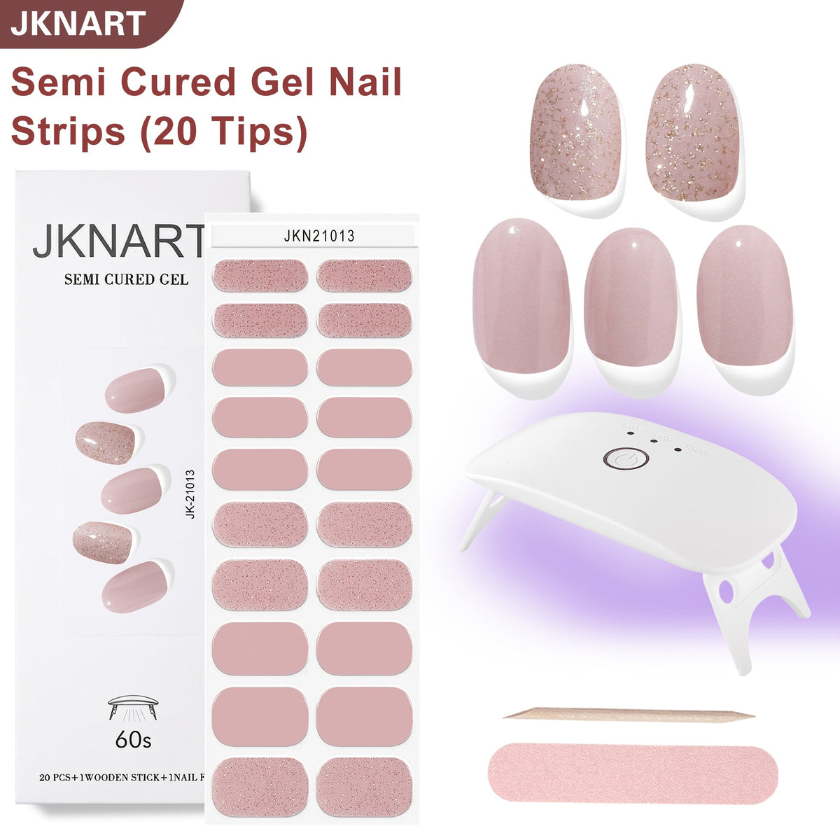 Gel Nail Art Kit Semi-Cured Nail Stickers 20 Designs with Portable UV Lamp Full Coverage Soft Gel Nail Patches Nude Nail Wrap