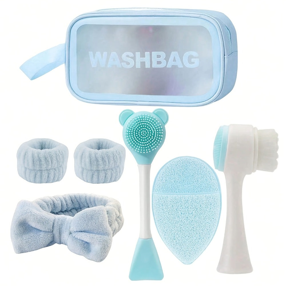 Face Cleansing Brush Set 7pcs Spa Skincare Kit – Mask Brush Scrub Brush Detailing Brush Velvet Headband & Wash Bag — image 4