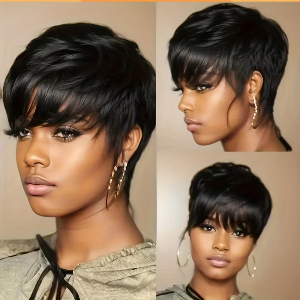 Straight Pixie Human Hair Wig with Bangs, Black 6-Inch Length and Approximately 22.5-Inch Cap — image 10