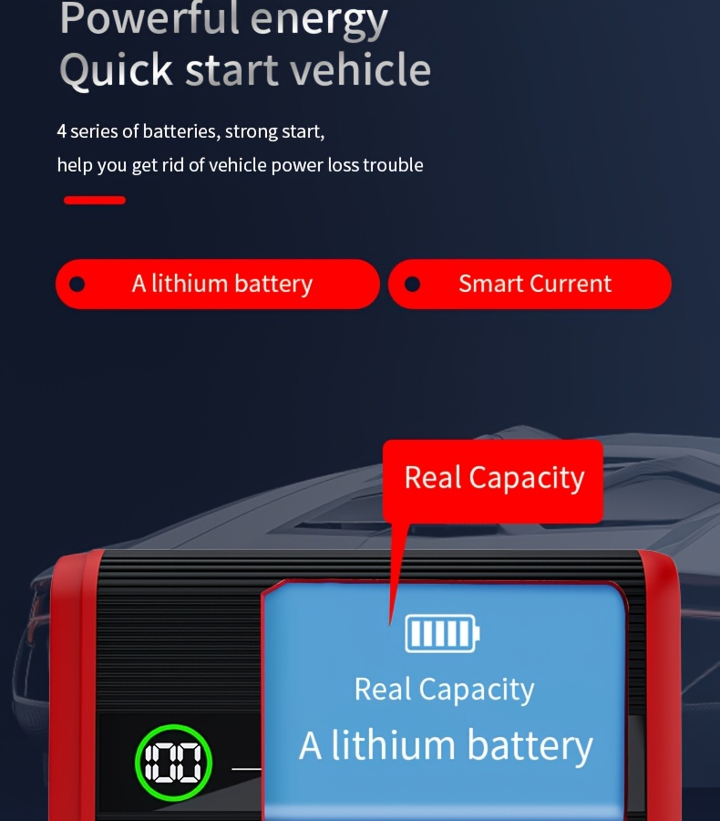 Lithium Jump Starter 3000A 8000mAh 12V Battery Pack USB-C Recharge Round LED Display for 6.0L Diesel for Garden, Patio and Ya