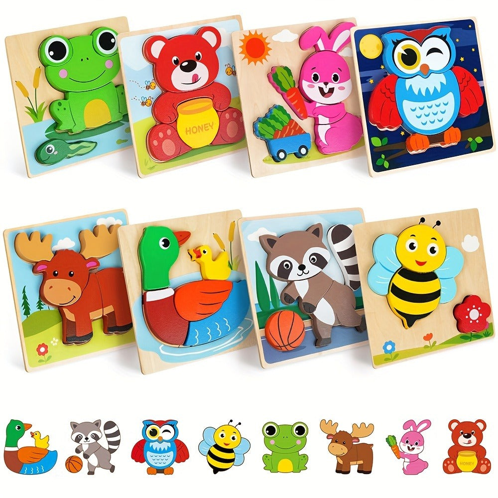 Baby Animal Wooden Puzzles for Toddlers 8 Pack, Infant Learning Toy 12 Months+, Bear Bunny Owl Frog Bee Duck Moose Raccoon — 